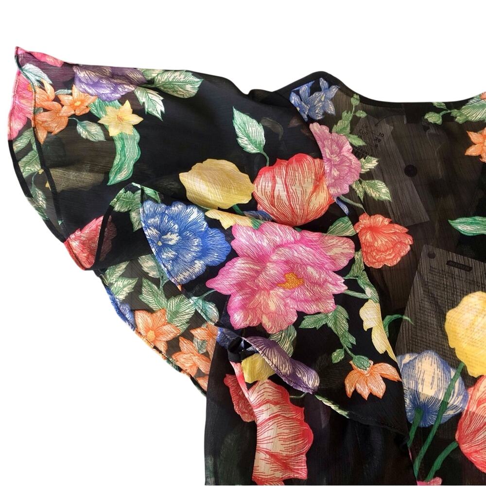 NWT Topshop Sheer Black Floral Flutter Sleeve Top Feminine Flirty Fun - Picture 6 of 16